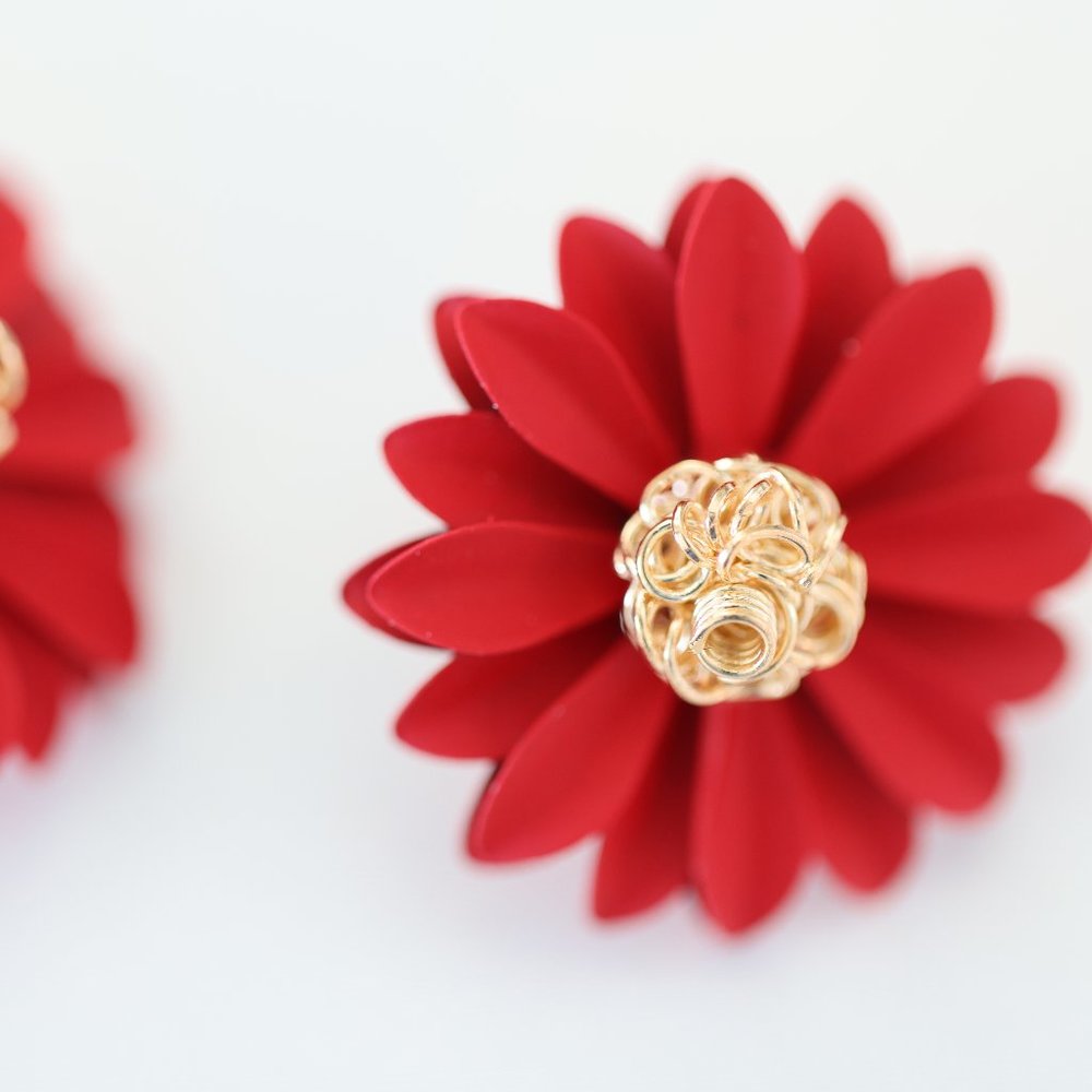 Hand-Painted Red Golden Flower Earrings